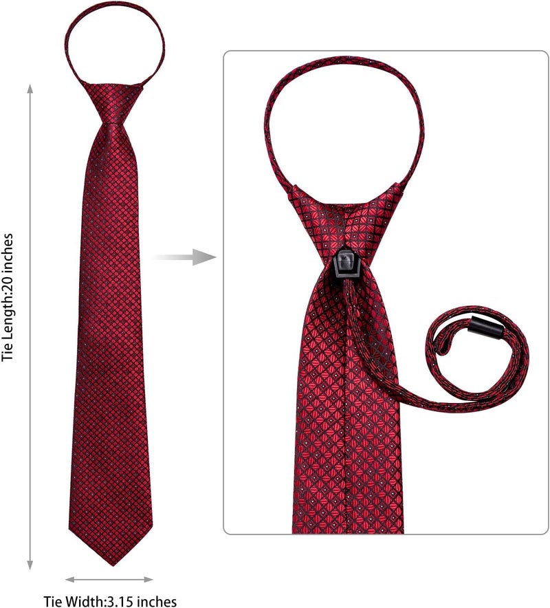 DiBanGu Silk Zipper Ties for Men,Paisley Solid Plaid Pre-tied Tie and Pocket Square Cufflinks Set Formal Adjustable Necktie - Image 4